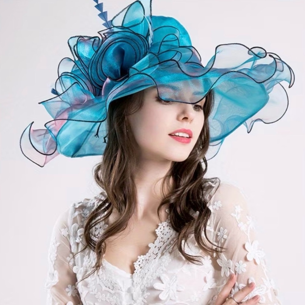 Elegant Blue Organza Wide-Brim Ladies Hat size M 22.0-22.83